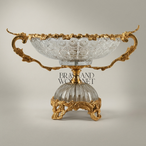 Baroque Handcrafted Crystal Brass Centerpiece Bowl Ornate Pedestal Side Handles Gold Front | Brass & Wood