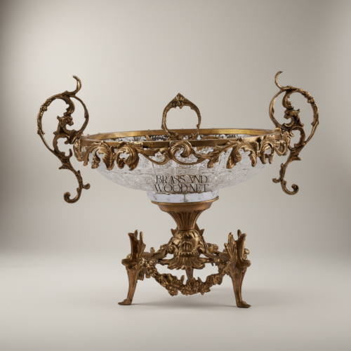 Baroque Handcrafted Crystal Brass Centerpiece Bowl Ornate Scrollwork Pedestal Antique Front | Brass & Wood