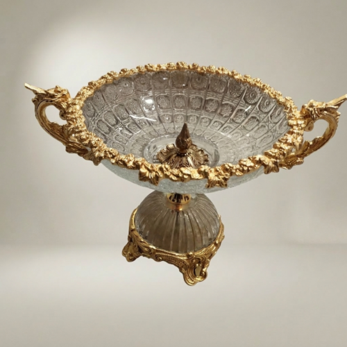 Baroque Handcrafted Crystal Brass Centerpiece Bowl Ornate Pedestal Side Handles Gold Front | Brass & Wood
