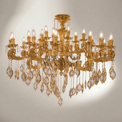 Baroque 18-Arm Brass Crystal Chandelier with Cascading Crystal Pendants Heavily Ornate Classical European Gold Front | Brass & Wood