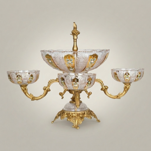 Baroque Crystal & Brass Centerpiece Epergne - Tiered Floral-Etched Bowls with Ornate Stand