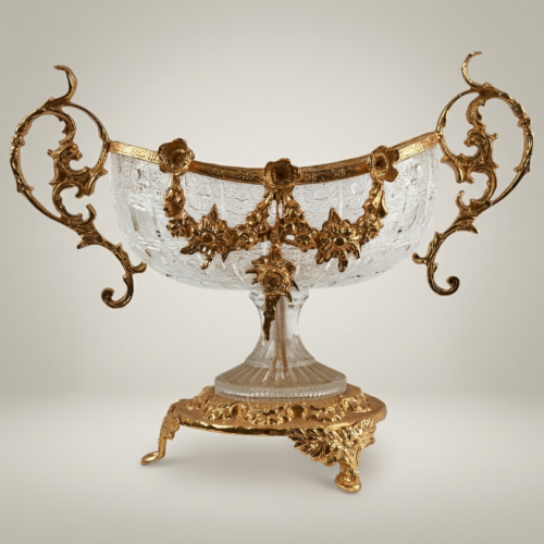 Baroque Crystal Brass Footed Centerpiece Bowl Ornate Floral Garland Brass and Wood Gold Front | Brass & Wood