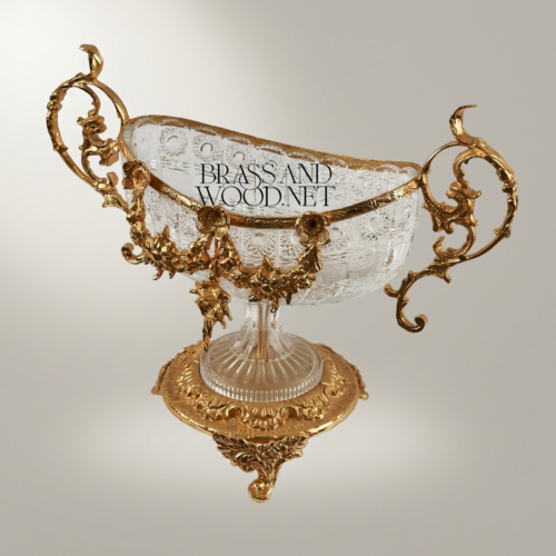 Baroque Crystal Brass Footed Centerpiece Bowl Ornate Floral Garland Brass and Wood Gold Front | Brass & Wood