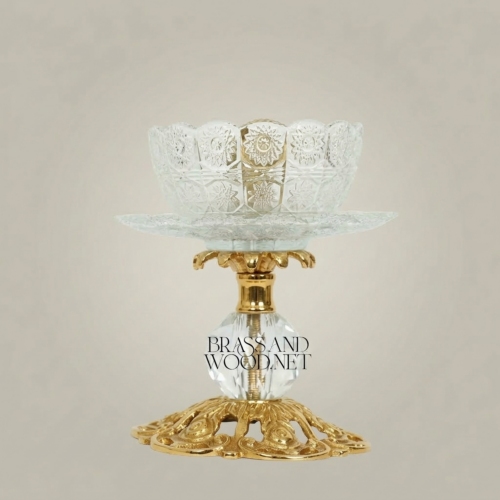 Baroque Crystal Brass Pedestal Ashtray Ornate Pierced Base Classical Gold Front | Brass & Wood