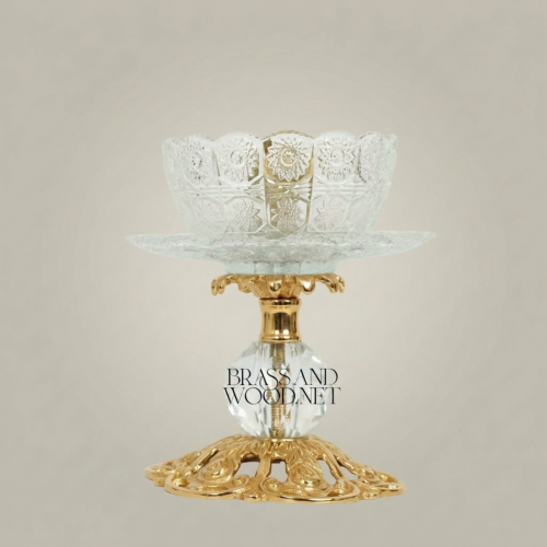 Baroque Crystal Brass Pedestal Ashtray Ornate Pierced Base Classical Gold Front | Brass & Wood
