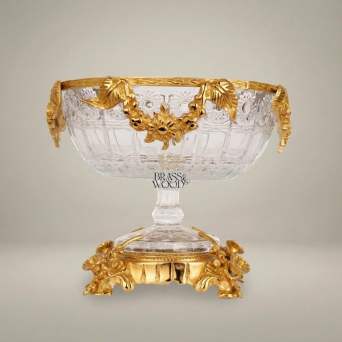 Baroque Handcrafted Crystal and Brass Pedestal Candy Dish Floral Sculpted Rim Brass and Wood Gold Front | Brass & Wood