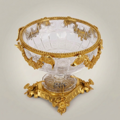 Baroque Handcrafted Crystal and Brass Pedestal Candy Dish Floral Sculpted Rim Brass and Wood Gold Front | Brass & Wood