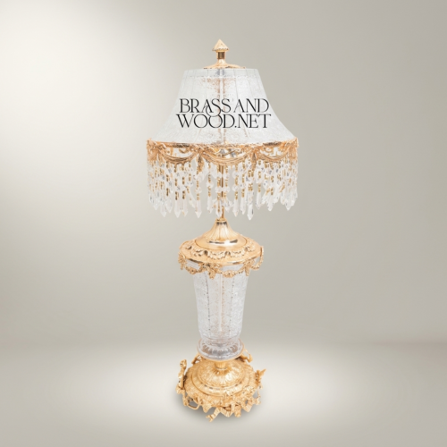 Baroque Handcrafted Crystal and Brass Table Lamp with Crystal Fringe Shade and Ornate Brass Base – Brass and Wood Gold Front | Brass & Wood