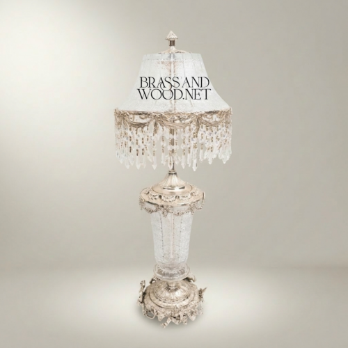 Baroque Handcrafted Crystal and Brass Table Lamp with Crystal Fringe Shade and Ornate Brass Base – Brass and Wood Silver Front | Brass & Wood