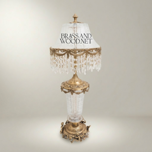 Baroque Handcrafted Crystal and Brass Table Lamp with Crystal Fringe Shade and Ornate Brass Base – Brass and Wood Antique Gold Front | Brass & Wood