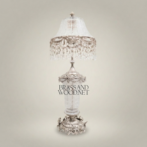 Baroque Handcrafted Crystal and Brass Table Lamp with Crystal Fringe Shade and Ornate Brass Base – Brass and Wood Silver Front | Brass & Wood