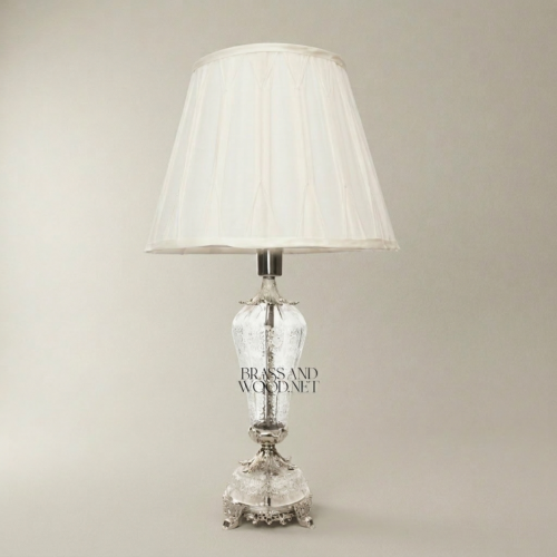 Baroque Hand-Engraved Crystal Brass Table Lamp Ornate Urn Body Fabric Shade Silver Front | Brass & Wood