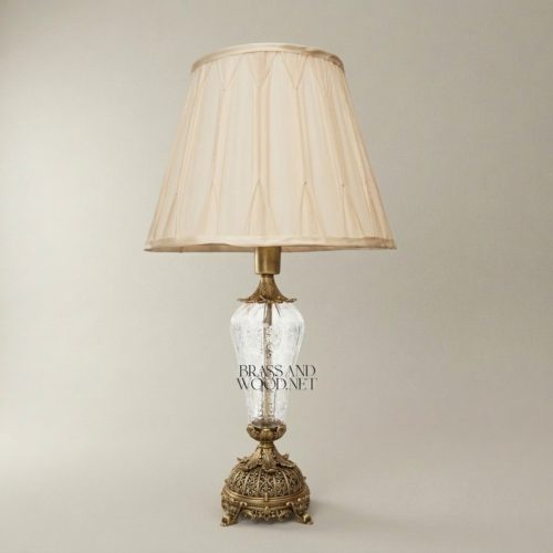Baroque Hand-Engraved Crystal Brass Table Lamp Ornate Urn Body Fabric Shade Antique Gold Front | Brass & Wood