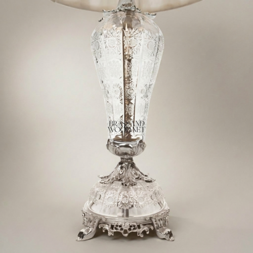 Baroque Hand-Engraved Crystal Brass Table Lamp Ornate Urn Body Fabric Shade Silver Front | Brass & Wood