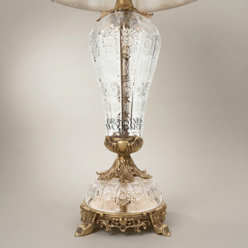 Baroque Hand-Engraved Crystal Brass Table Lamp Ornate Urn Body Fabric Shade Antique Gold Front | Brass & Wood