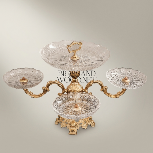 Baroque Tiered Crystal and Brass Centerpiece Stand with Ornate Side Trays Gold Front | Brass & Wood