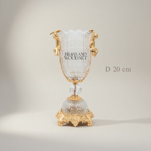Baroque Handcrafted Crystal Brass Vase and Centerpiece Bowl Set with Cherub and Female Figure Handles Ornate Base Gold Front | Brass & Wood