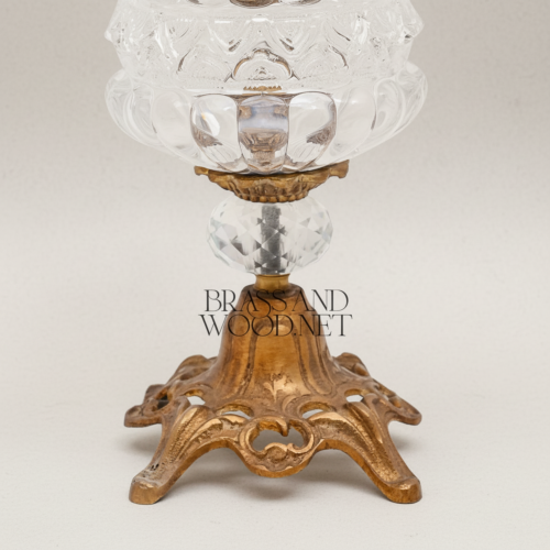 Baroque Handcrafted Crystal Candy Dish Ornate Brass Finial Sculpted Pedestal Base Brass and Wood Antique Front | Brass & Wood