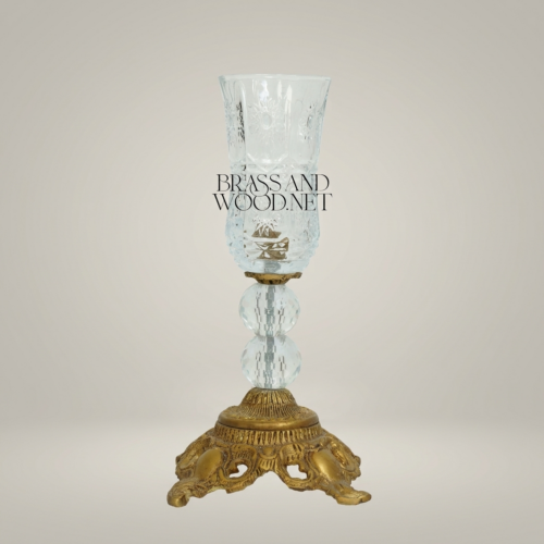 Baroque Hand-Cut Crystal Hurricane Candle Goblet Ornate Brass Base Brass and Wood Antique Gold Front | Brass & Wood