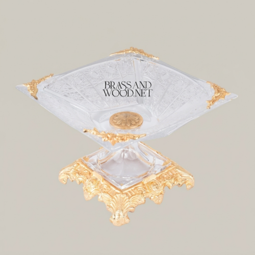 Baroque Handcrafted Crystal Pedestal Candy Dish with Ornate Sculpted Brass Base Gold Front | Brass & Wood