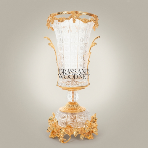 Baroque Crystal Trumpet Vase Acanthus Brass Mounts Floral Crown Rim Ornate Base Gold Front | Brass & Wood