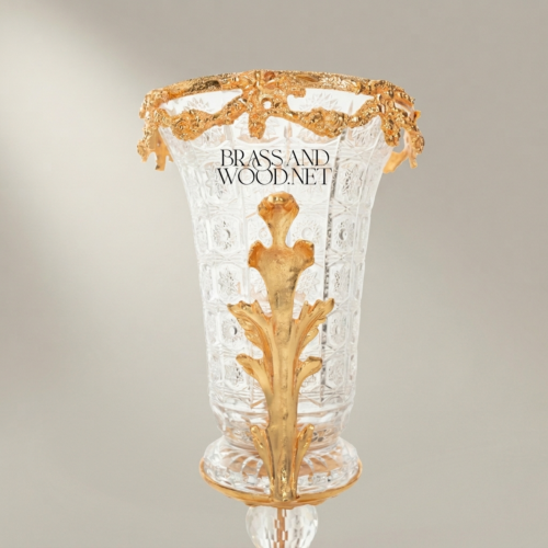Baroque Crystal Trumpet Vase Acanthus Brass Mounts Floral Crown Rim Ornate Base Gold Front | Brass & Wood