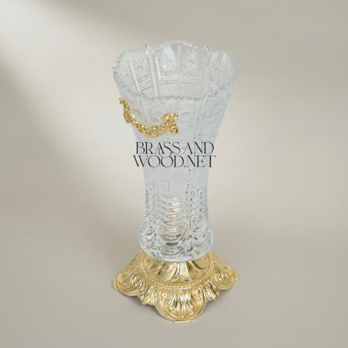 Baroque Crystal Trumpet Vase Ornate Brass Acanthus Base Swag Mount Brass and Wood Gold Front | Brass & Wood