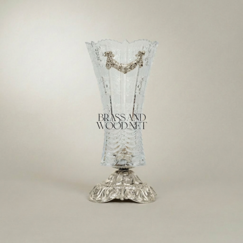 Baroque Crystal Trumpet Vase Ornate Brass Acanthus Base Swag Mount Brass and Wood Silver Front | Brass & Wood