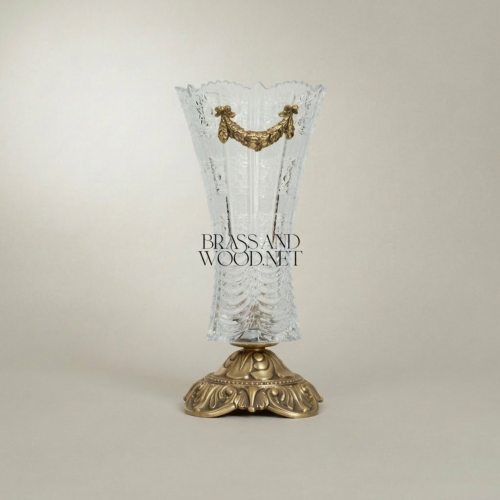 Baroque Crystal Trumpet Vase Ornate Brass Acanthus Base Swag Mount Brass and Wood Antique Gold Front | Brass & Wood