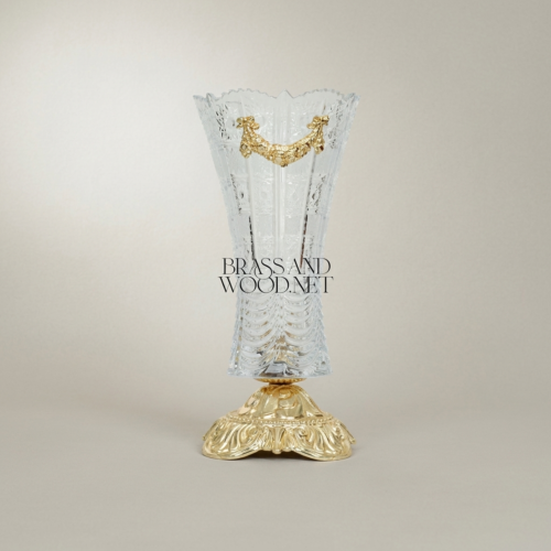 Baroque Crystal Trumpet Vase Ornate Brass Acanthus Base Swag Mount Brass and Wood Gold Front | Brass & Wood
