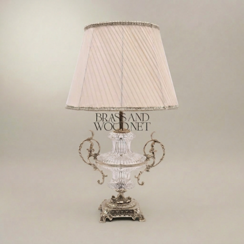 Baroque Crystal Urn Table Lamp with Ornate Scrolled Brass Handles and Pleated Fabric Shade Silver Front | Brass & Wood
