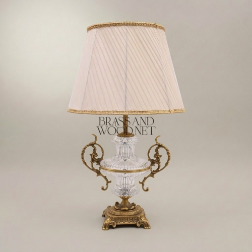 Baroque Crystal Urn Table Lamp with Ornate Scrolled Brass Handles and Pleated Fabric Shade Antique Gold Front | Brass & Wood