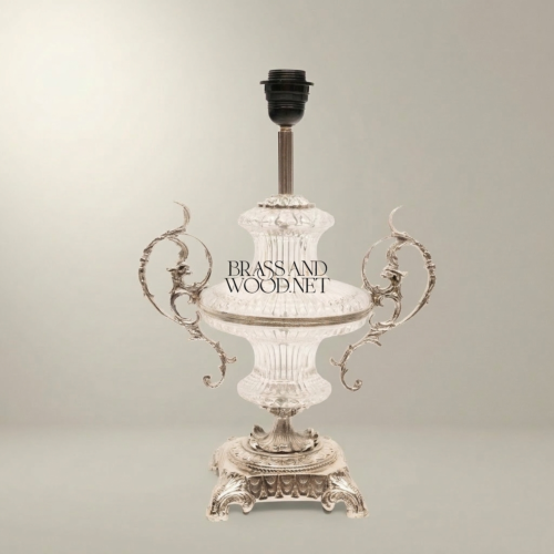 Baroque Crystal Urn Table Lamp with Ornate Scrolled Brass Handles and Pleated Fabric Shade Silver Front | Brass & Wood