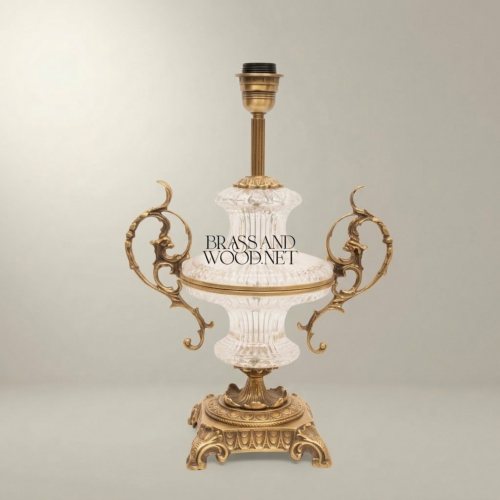 Baroque Crystal Urn Table Lamp with Ornate Scrolled Brass Handles and Pleated Fabric Shade Antique Gold Front | Brass & Wood
