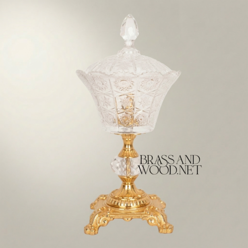 Baroque Hand-Cut Crystal Lidded Candy Bowl Ornate Brass Pedestal Brass and Wood Gold Front | Brass & Wood