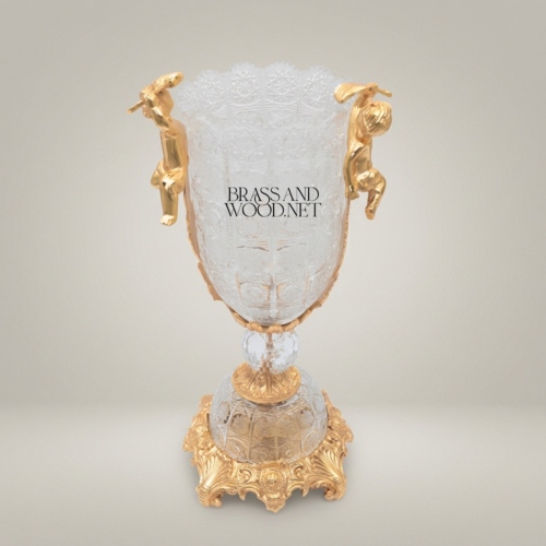 Baroque Etched Crystal Trophy Vase with Cherub Brass Mounts Acanthus Base Brass and Wood Gold Front | Brass & Wood