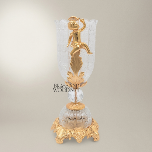 Baroque Etched Crystal Trophy Vase with Cherub Brass Mounts Acanthus Base Brass and Wood Gold Front | Brass & Wood