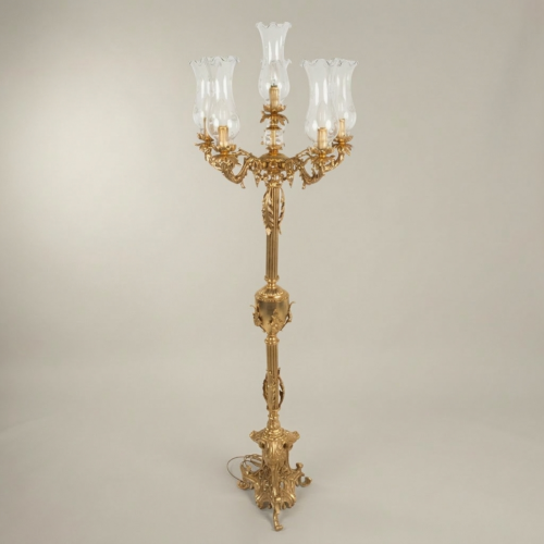 Baroque Five-Arm Brass Candelabra Floor Lamp Fluted Column Acanthus Ornament Blown Glass Shades Gold Front | Brass & Wood