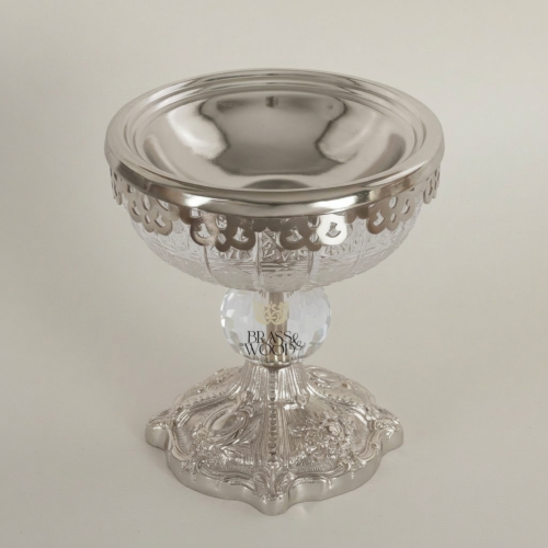 Baroque Footed Crystal Metal Incense Burner Pierced Gallery Pedestal Brass and Wood silver Front | Brass & Wood