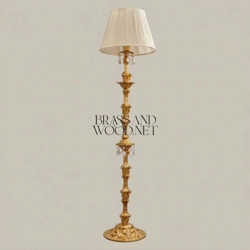 Baroque Hand-Carved Brass Floor Lamp Crystal Drops Pleated Ivory Shade Brass and Wood Gold Front | Brass & Wood