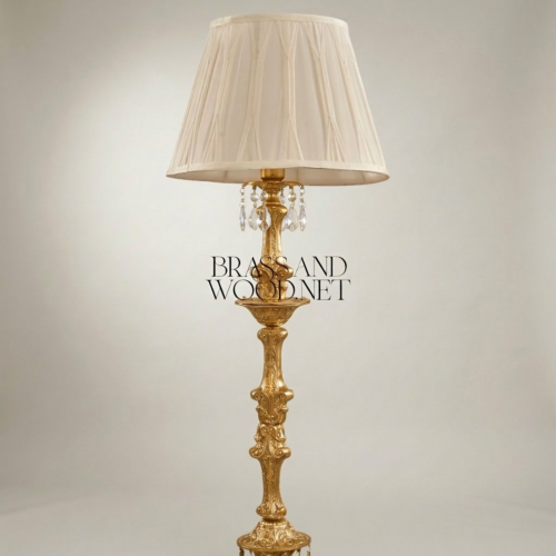 Baroque Hand-Carved Brass Floor Lamp Crystal Drops Pleated Ivory Shade Brass and Wood Gold Front | Brass & Wood