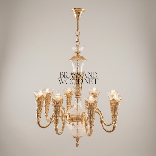 Baroque Eight-Arm Hand-Cast Brass and Cut Crystal Chandelier with Acanthus Torchère Shades Gold Front | Brass & Wood