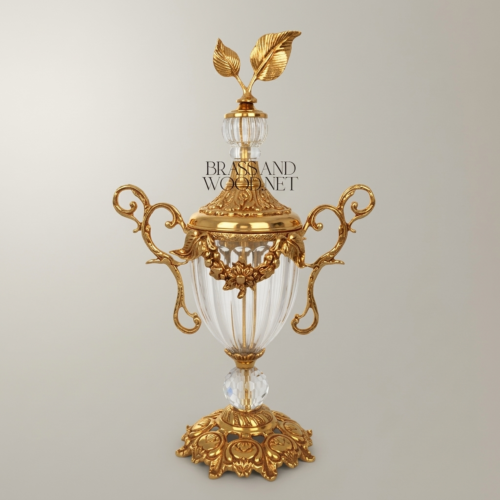 Baroque Lidded Crystal Brass Trophy Cup Vase with Acanthus Scrollwork and Leaf Finial - Brass & Wood Gold Front | Brass & Wood