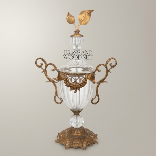 Baroque Lidded Crystal Brass Trophy Cup Vase with Acanthus Scrollwork and Leaf Finial - Brass & Wood Antique Gold Front | Brass & Wood