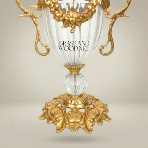 Baroque Lidded Crystal Brass Trophy Cup Vase with Acanthus Scrollwork and Leaf Finial - Brass & Wood Gold Front | Brass & Wood