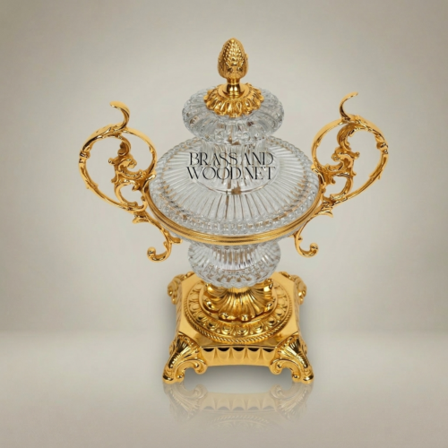 Baroque Lidded Crystal Brass Urn Vase with Acanthus Scroll Handles and Pinecone Finial Gold Front | Brass & Wood