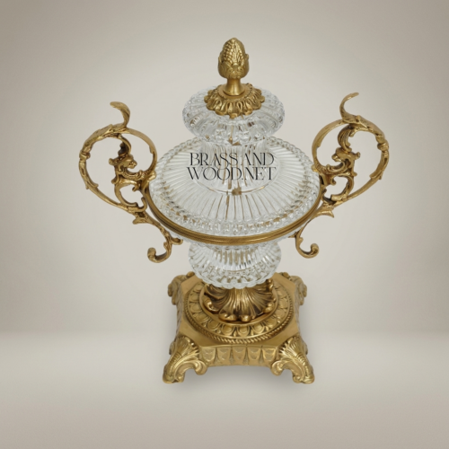 Baroque Lidded Crystal Brass Urn Vase with Acanthus Scroll Handles and Pinecone Finial Antique Gold Front | Brass & Wood