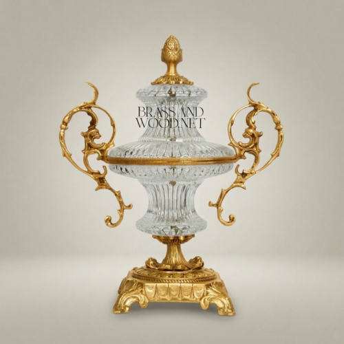 Baroque Lidded Crystal Brass Urn Vase with Acanthus Scroll Handles and Pinecone Finial Gold Front | Brass & Wood
