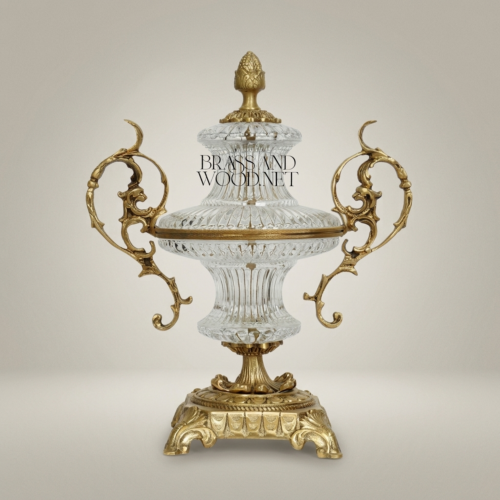 Baroque Lidded Crystal Brass Urn Vase with Acanthus Scroll Handles and Pinecone Finial Antique Gold Front | Brass & Wood