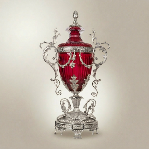 Baroque Lidded Ruby Crystal Urn Vase with Gilt Brass Scrollwork Handles and Ornate Base Silver Front | Brass & Wood